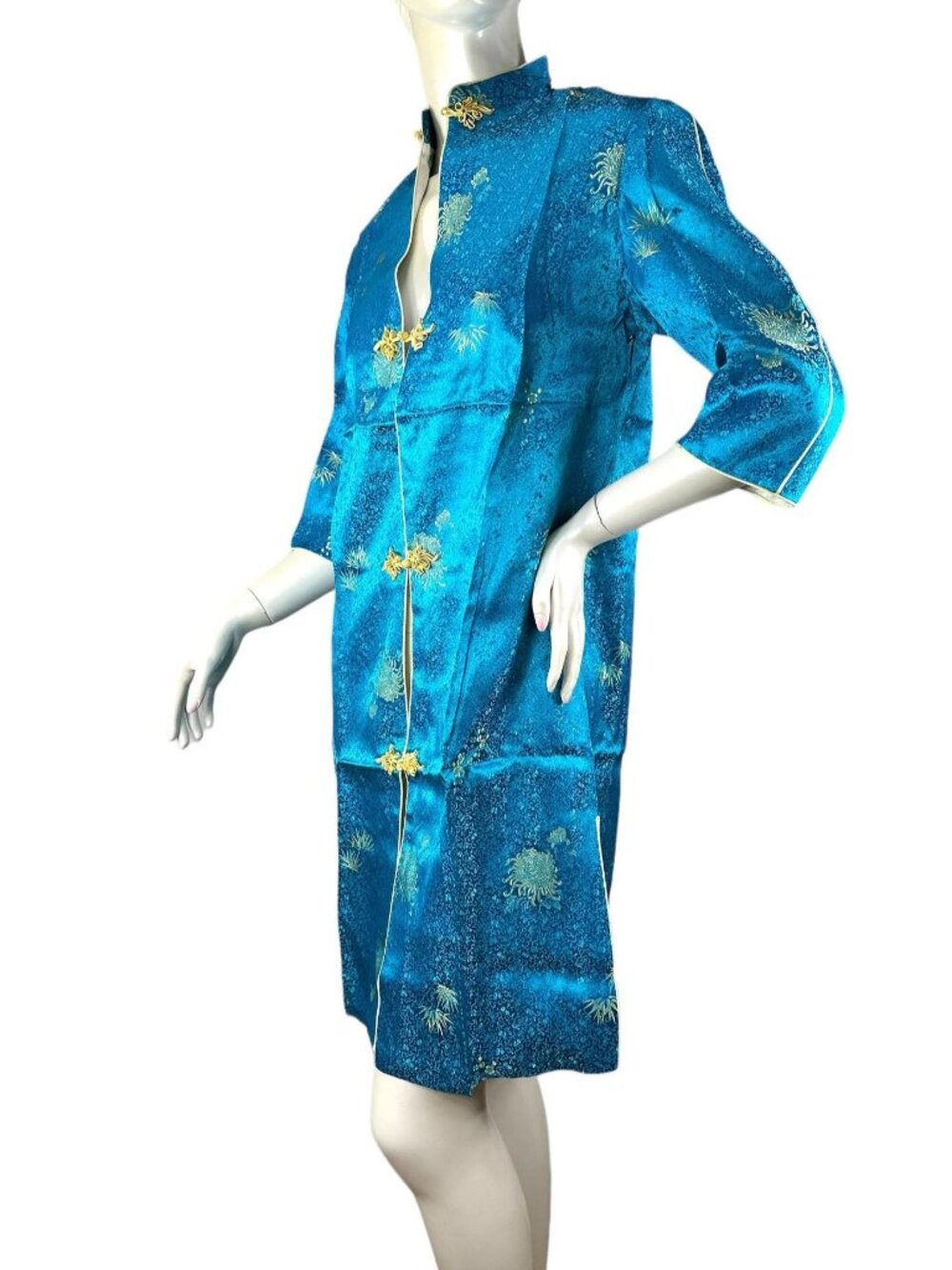 1960s Asian Chinese silk brocade coat in turquoise Size M
